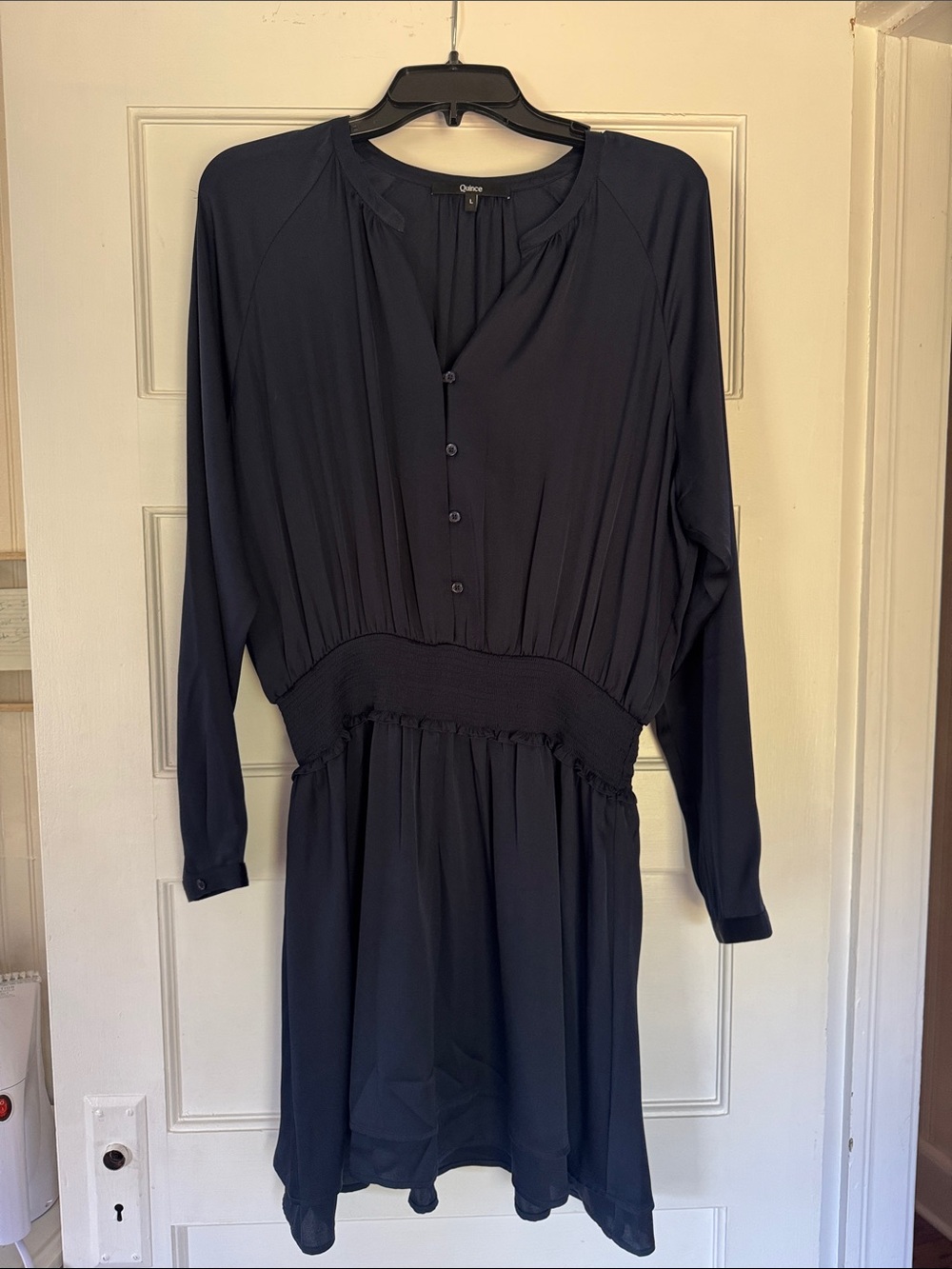 Quince Midnight Navy Long-Sleeve Smocked Waist Dress